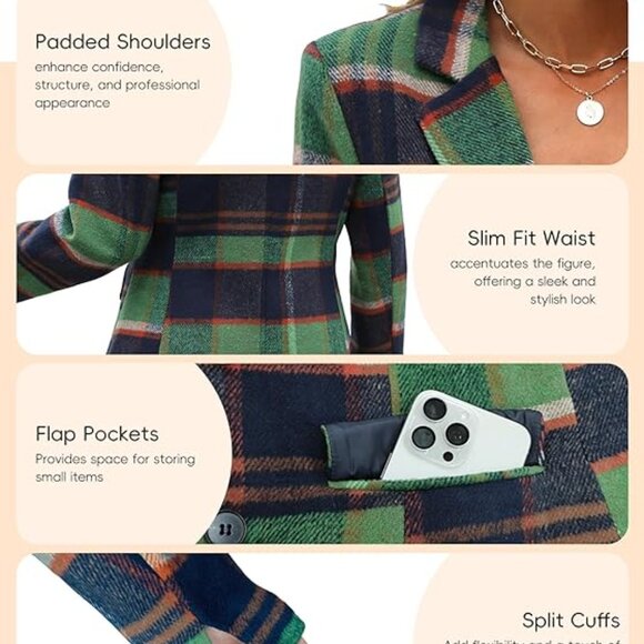 Women's Lapel Collar Plaid 2 Button Blue Green Plaid Blazer Suit Houndstooth - Picture 5 of 5